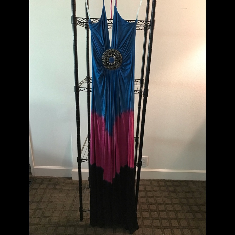 Sky blue, pink, and black Maxi Dress &feather tie